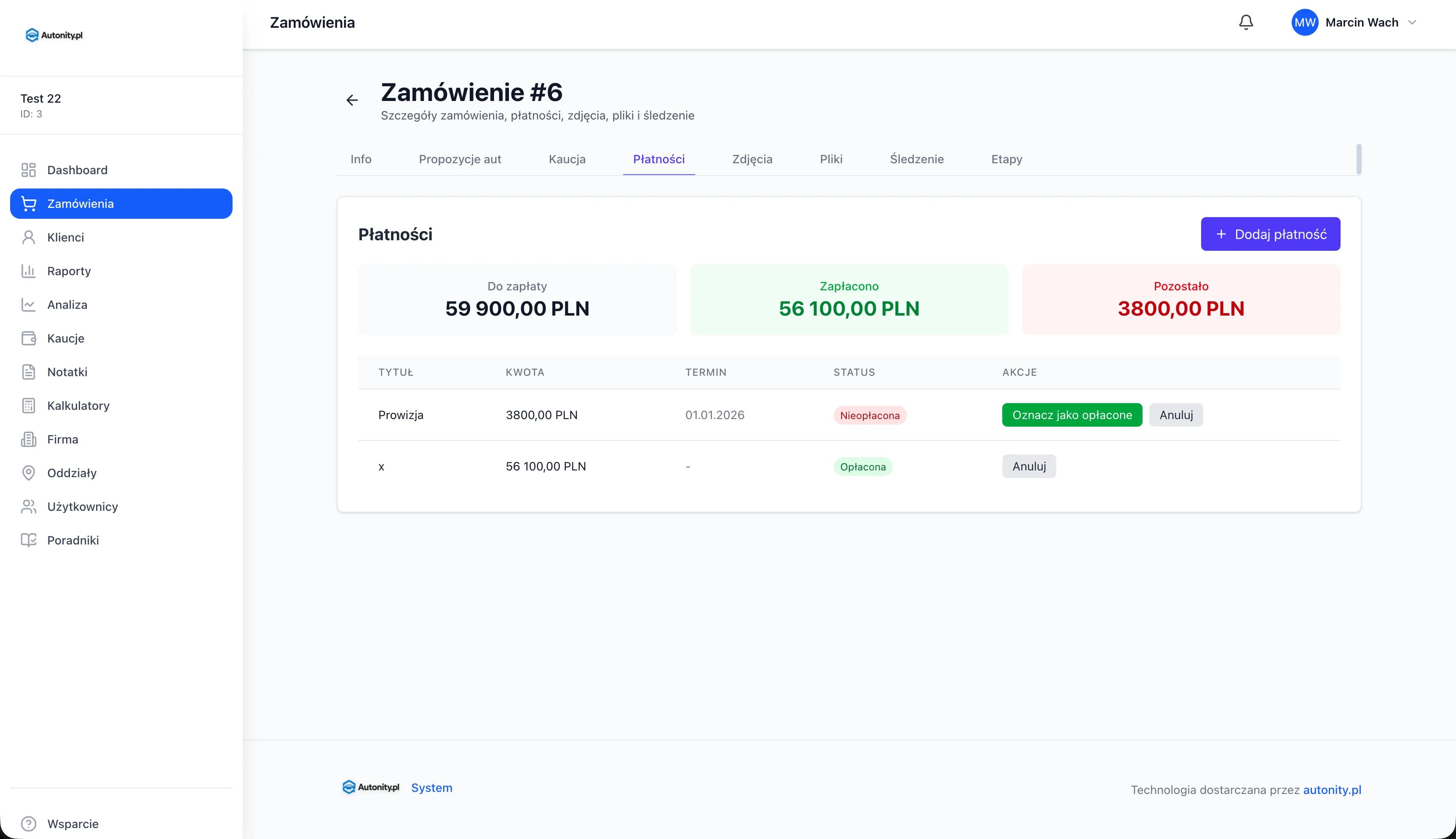Autonity CRM order management panel showing payments, statuses and order details