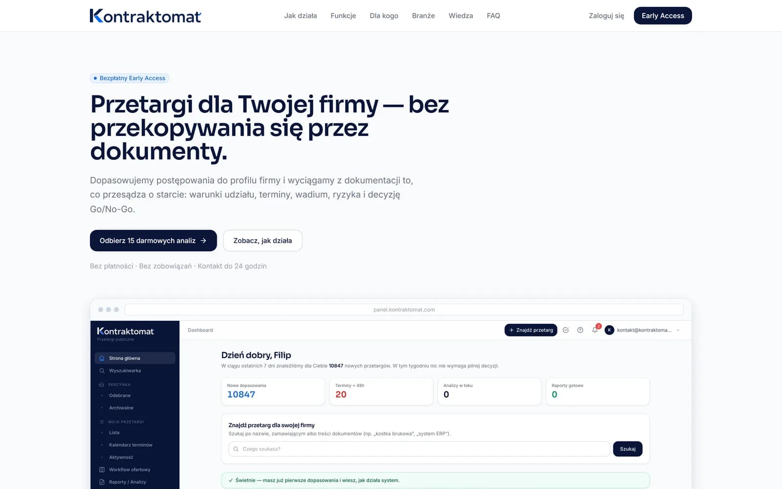 Kontraktomat tender intelligence platform homepage explaining tender matching and document analysis