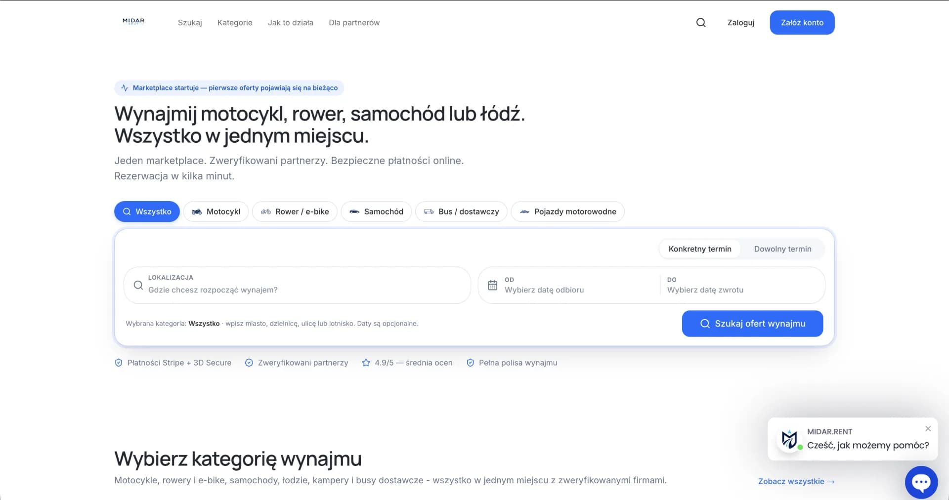 MIDAR RENT vehicle rental marketplace homepage with category search and booking flow